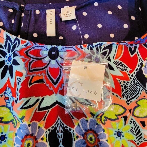 NWT Est 1946 Sleeveless Polka Dot and Floral Blouse Navy Blue in Size Large - Picture 3 of 4